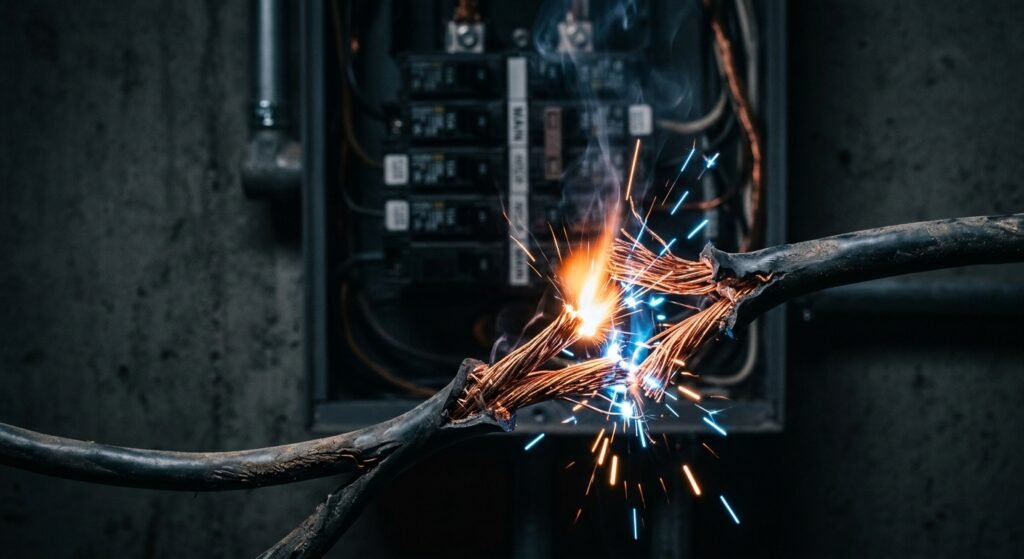 Como Trocar o Cabo de Energia com Segurança: Dicas Essenciais Cabo elétrico desencapado soltando faíscas e fumaça em um curto-circuito em frente a um quadro de disjuntores