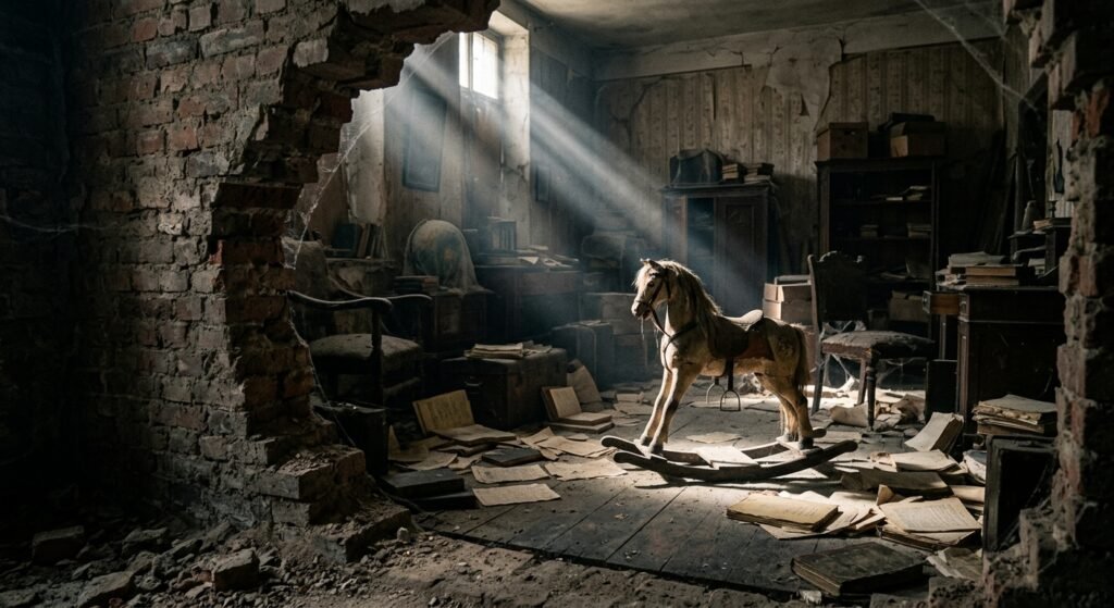Cavalo de balanço de madeira iluminado por um feixe de luz em um quarto abandonado com livros espalhados pelo chão