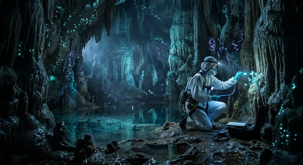 Cientista em traje de proteção examina organismos bioluminescentes nas paredes de uma caverna com estalactites