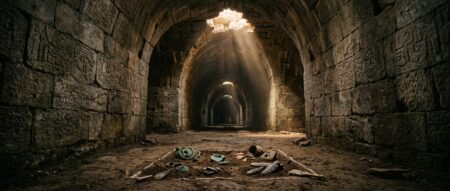 Túnel Antigo Descoberto: Segredos de Civilização Perdida Escavação arqueológica em túnel de pedra antigo com artefatos e ferramentas no chão sob feixe de luz