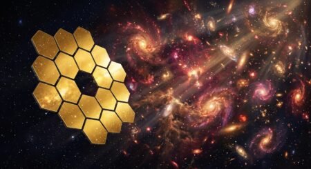 Telescópio James Webb revela imagem antes do Big Bang Espelho primário dourado do Telescópio Espacial James Webb diante de várias galáxias e nebulosas no espaço