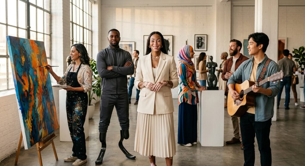 Grupo diverso de pessoas em uma galeria de arte, incluindo uma pintora, um homem com próteses e uma mulher com vitiligo