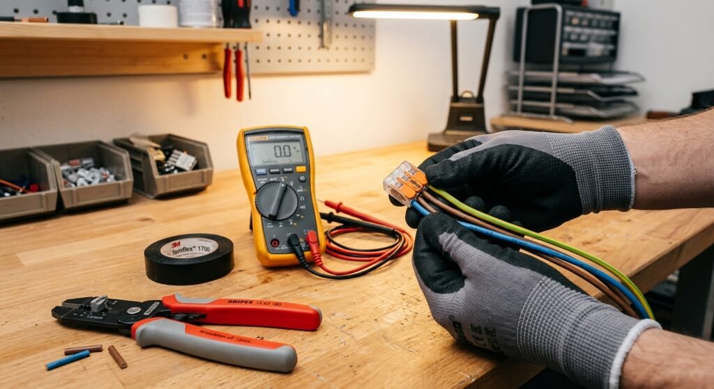 Mãos com luvas segurando fios elétricos conectados em um conector transparente sobre bancada com multímetro e ferramentas
