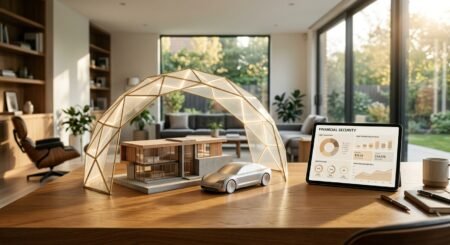 Maquete de casa e carro sob cúpula iluminada ao lado de tablet com painel de segurança financeira