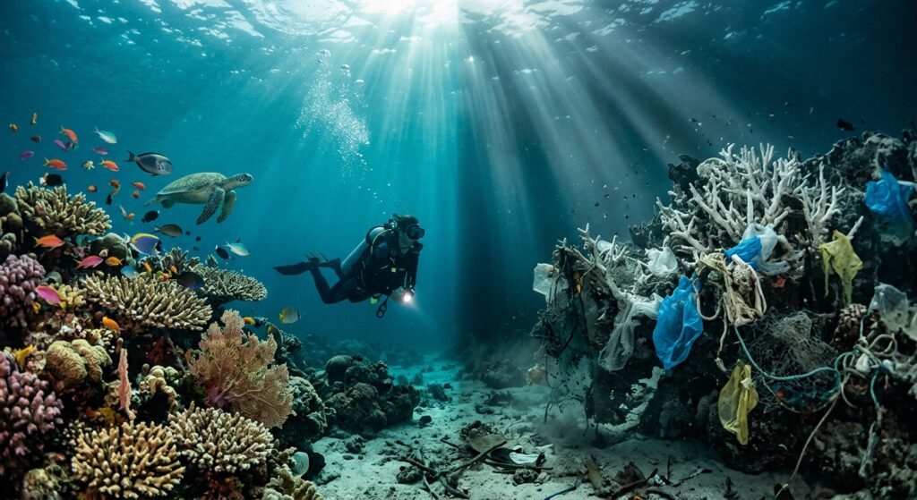 Mergulhador Revela Verdades Chocantes no Oceano Profundo Mergulhador entre um recife vibrante com peixes e tartaruga à esquerda e corais cobertos de plástico à direita