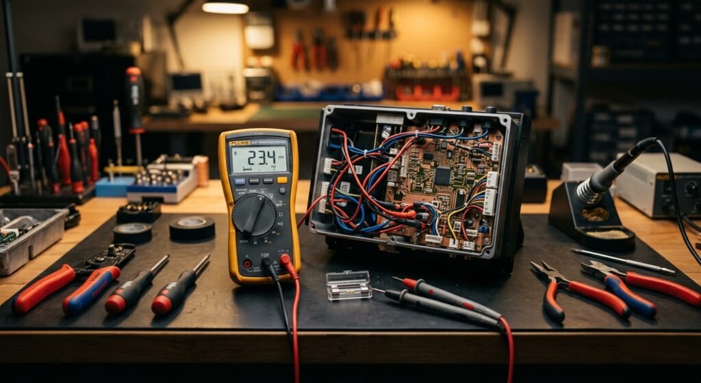 Como Reparar um Dispositivo de Curto-Circuito Elétrico Multímetro digital exibindo 23.4 VAC conectado a um circuito aberto em uma bancada de eletrônica com ferramentas
