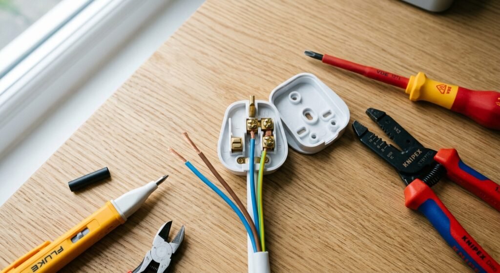 Como Trocar Fios Elétricos com Segurança em Sua Casa Plugue elétrico aberto com fiação exposta e ferramentas de eletricista sobre uma bancada de madeira
