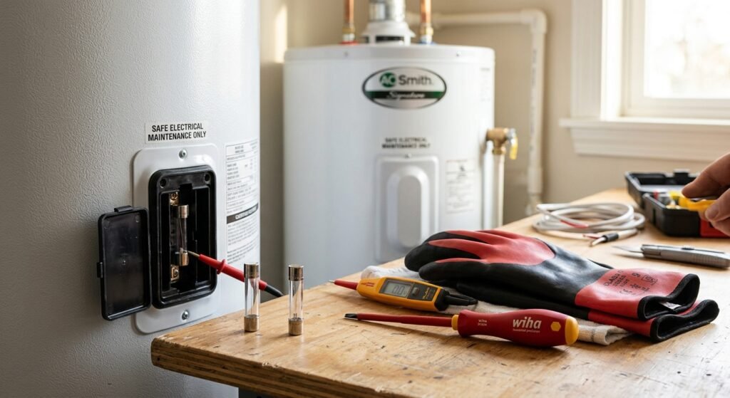 Como Trocar Sigorta do Aquecedor de Água Pontas de prova testando fusível em aquecedor de água, com ferramentas e luvas de proteção na bancada