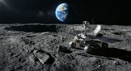 Por que a NASA não voltou à Lua? Entenda o mistério Rover na superfície lunar analisando uma rocha ao lado de uma pegada de astronauta, com a Terra visível no espaço
