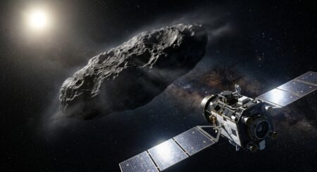 Sonda espacial com painéis solares estendidos aproxima-se de um grande asteroide rochoso iluminado pelo Sol no espaço