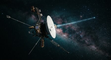 Sonda espacial Voyager navegando no espaço sideral com a Via Láctea e estrelas ao fundo