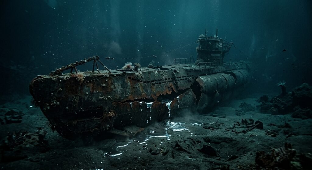 Submarino antigo e enferrujado naufragado no fundo escuro do oceano