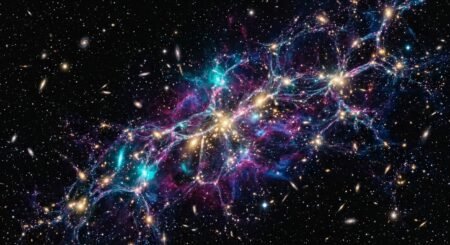 Voyager detecta objeto enorme viajando pelo espaço profundo Teia cósmica em fundo espacial escuro, com filamentos brilhantes em azul e roxo conectando aglomerados de galáxias