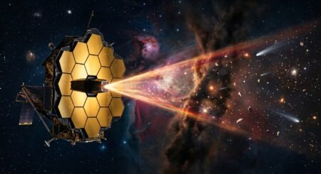 Hubble Revela a Verdade: O Que Você Sabia Era Mentira Telescópio espacial com espelhos hexagonais dourados emitindo feixes de luz no espaço entre estrelas e asteroides