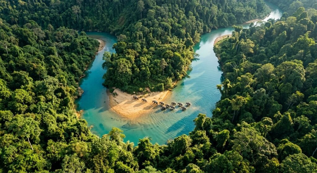 Imagens CHOCANTES de Drone Revelam Vídeos Inéditos Hoje Vista aérea de uma manada de elefantes atravessando um rio de águas turquesa cercado por uma floresta densa